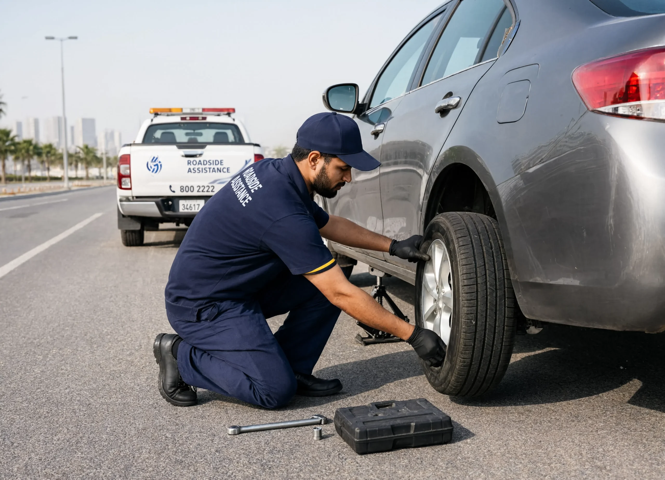 Roadside flat tyre assistance and tyre puncture change service in Abu Dhabi