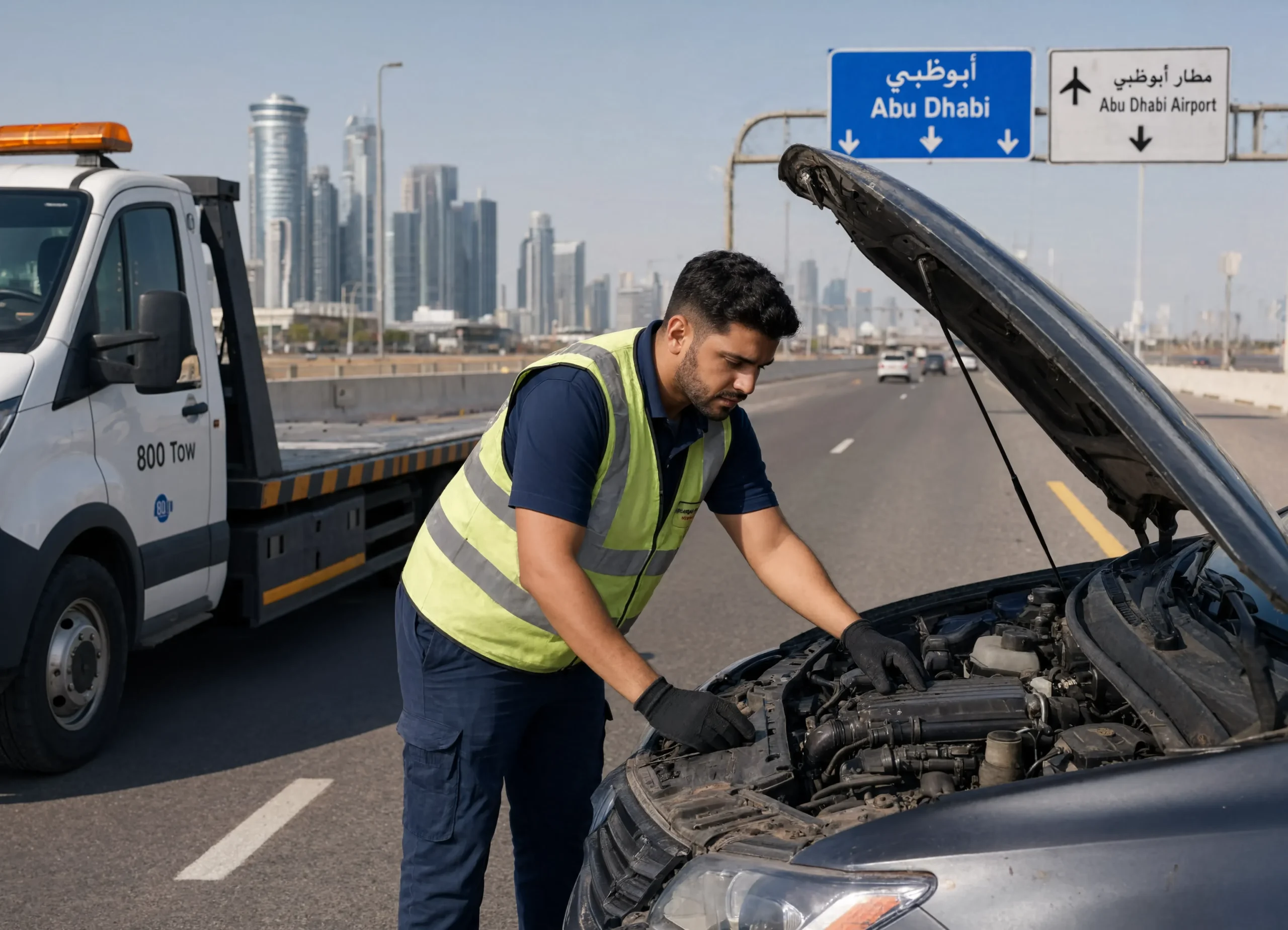 Emergency breakdown recovery truck assisting stranded motorist in Abu Dhabi