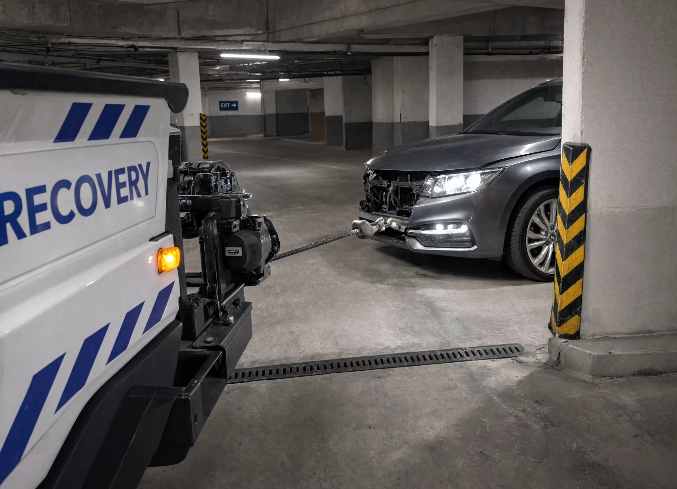 Specialist underground and basement parking winch pullout recovery in Abu Dhabi